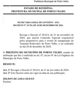 Prefeito Hildon Chaves voltou atrás e cancelou a inauguração da nova rodoviária, revogando o decreto que havia autorizado o evento.