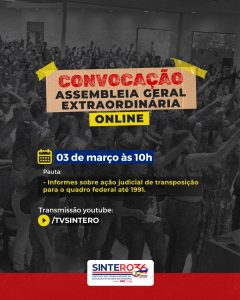 SINTERO convoca profissionais da educação para assembleia sobre transposição