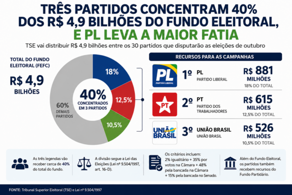 Três partidos concentram 40% dos R$ 4,9 bilhões do Fundo Eleitoral, e PL leva a maior fatia Três partidos concentram 40% dos R$ 4,9 bilhões do Fundo Eleitoral, e PL leva a maior fatia