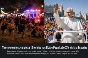 Tiroteio em festival deixa 12 feridos nos Estados Unidos e Papa Leão XIV visita a Espanha