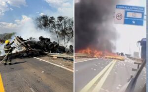 Motorista morre em acidente com caminhão em chamas na BR-153