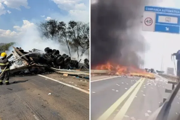 Motorista morre em acidente com caminhão em chamas na BR-153 Motorista morre em acidente com caminhão em chamas na BR-153