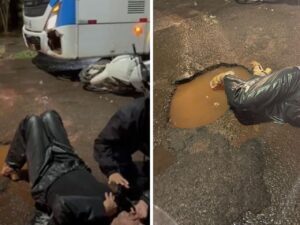 Motociclista se fere ao bater em ônibus em avenida com buracos em CG