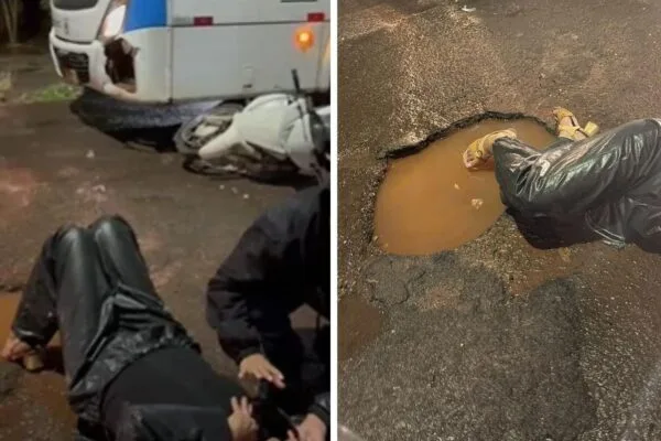 Motociclista se fere ao bater em ônibus em avenida com buracos em CG