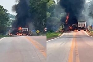 Colisão entre caminhões mata uma pessoa e causa incêndio na BR-364